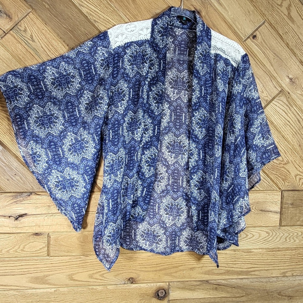 Skyline Kimono Cover Up Cardigan Women L Paisley Lace Crochet Sheer Blue White